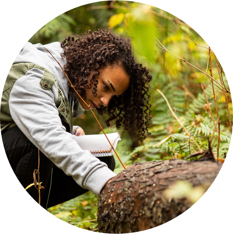 UW forest ecology student holds a notebook and looks at something on the forest floor at Pleasant Valley Park.
